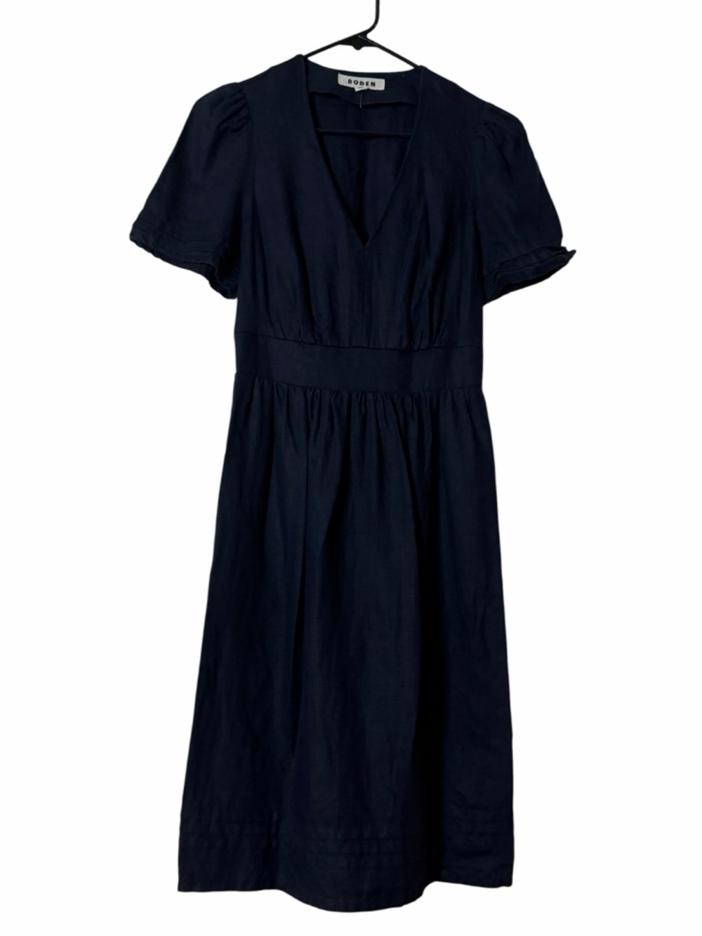 Boden Eve 100% Linen Dress Navy Short Puff Sleeve V-Neck Summer Resort Size 4 - Picture 7 of 10